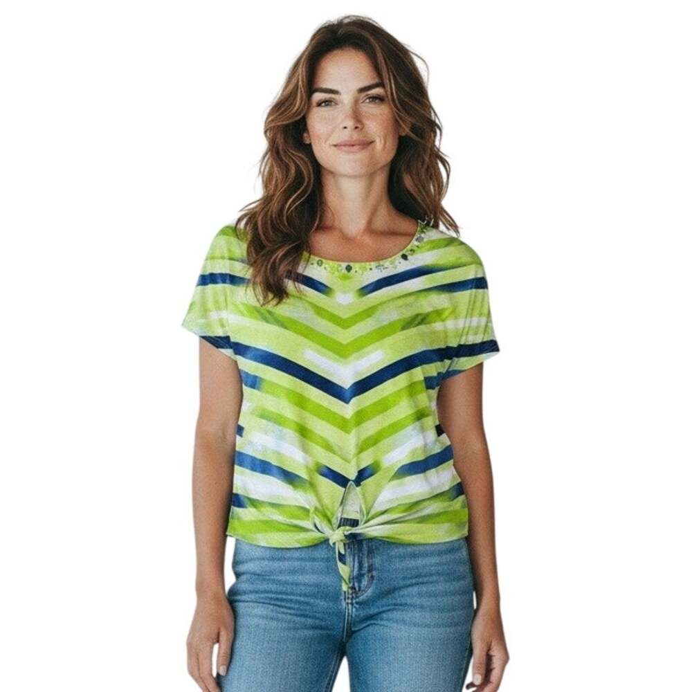 Hearts of Palm Small Green Embellished Chevron Striped Tie Front Tropical Shirt